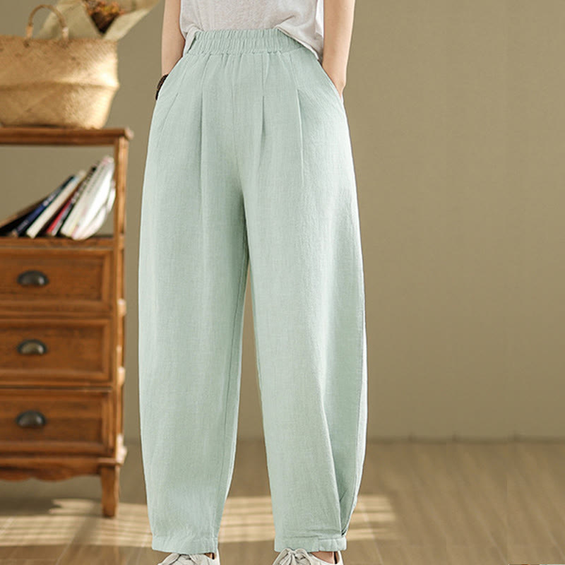 Buddha Stones Casual Solid Color Tapered Elastic Waistband Cotton Linen Women's Pants With Pockets - image 33