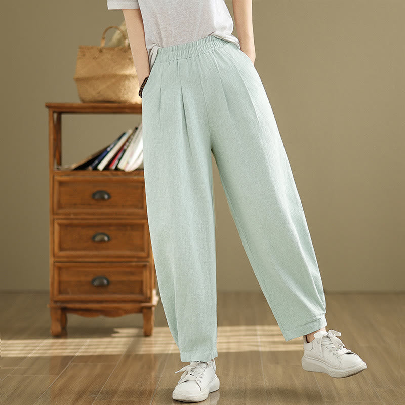 Buddha Stones Casual Solid Color Tapered Elastic Waistband Cotton Linen Women's Pants With Pockets - image 30