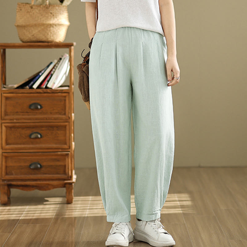 Buddha Stones Casual Solid Color Tapered Elastic Waistband Cotton Linen Women's Pants With Pockets - image 28
