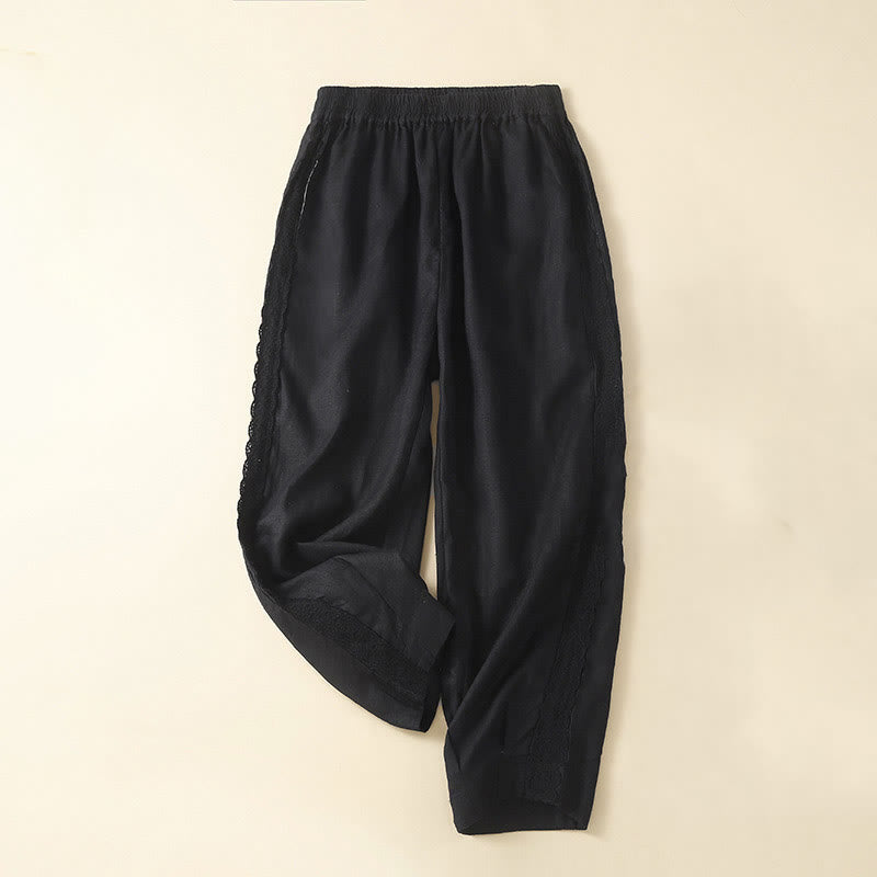 Buddha Stones Plain Color Flower Embroidery Side Linen Women's Pants With Pockets - Black - US12,UK/AU16,EU44 (3XL) - image 23