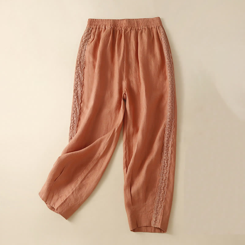 Buddha Stones Plain Color Flower Embroidery Side Linen Women's Pants With Pockets - Orange - US12,UK/AU16,EU44 (3XL) - image 7