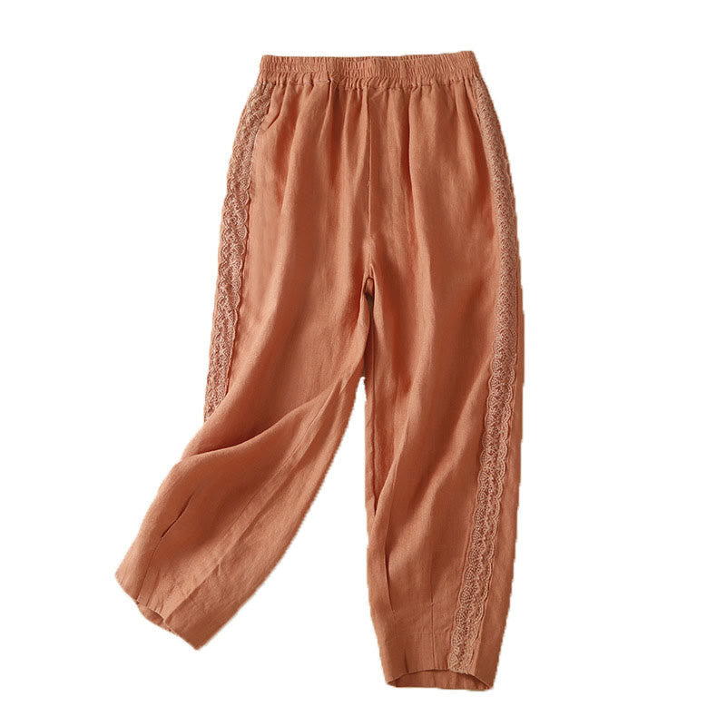 Buddha Stones Plain Color Flower Embroidery Side Linen Women's Pants With Pockets - image 12