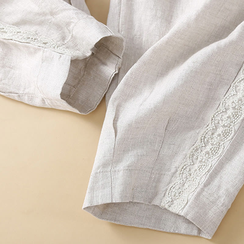 Buddha Stones Plain Color Flower Embroidery Side Linen Women's Pants With Pockets - image 21