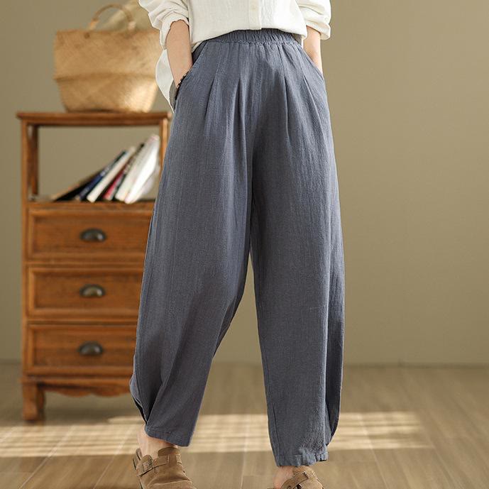 Buddha Stones Casual Solid Color Tapered Elastic Waistband Cotton Linen Women's Pants With Pockets - SteelBlue - US8-10,UK/AU12-14,EU40-42 (2XL) - image 0