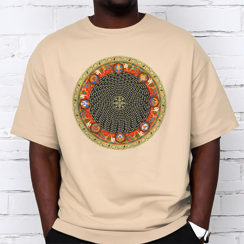Foviel Circular Om Mani Padme Hum Eight Auspicious Symbols Cotton Tee T-shirt