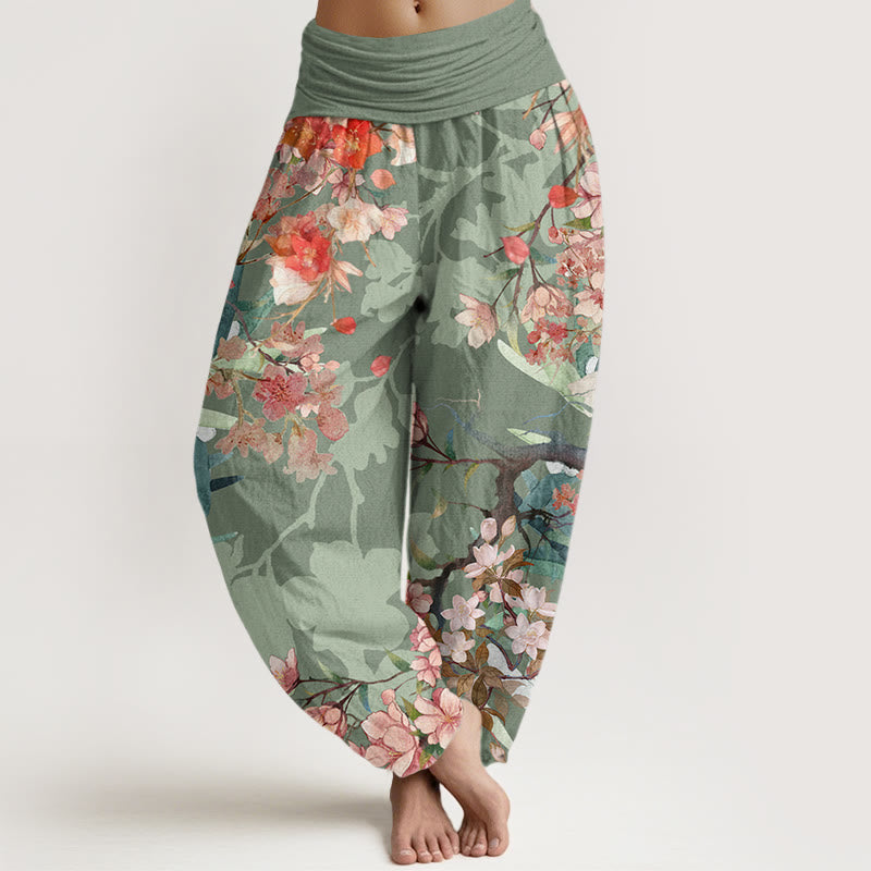 Buddha Stones Cotton Red Pink Blooming Flowers Lush Branches Women's Elastic Waist Harem Pants - DarkSeaGreen - US22,UK/AU26,EU54 (6XL) - image 0