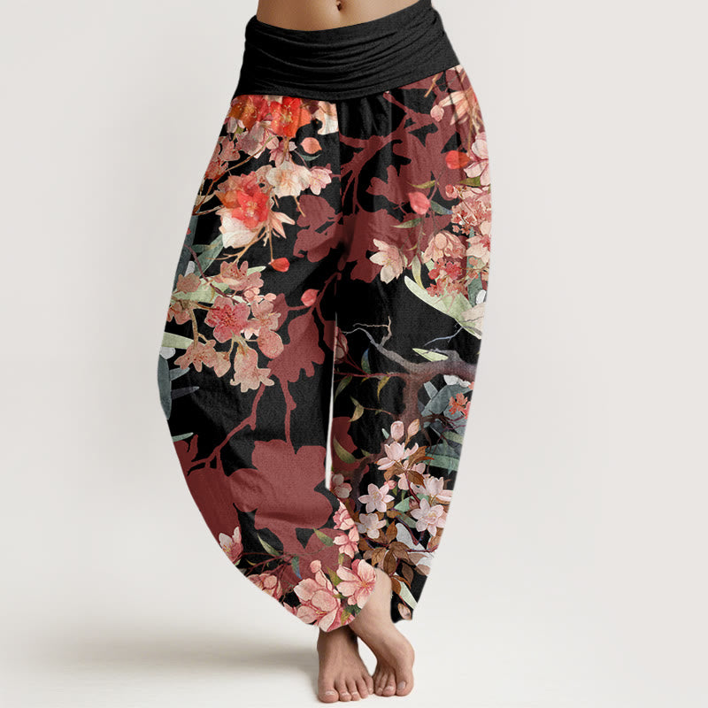 Buddha Stones Cotton Red Pink Blooming Flowers Lush Branches Women's Elastic Waist Harem Pants - Black - US22,UK/AU26,EU54 (6XL) - image 4