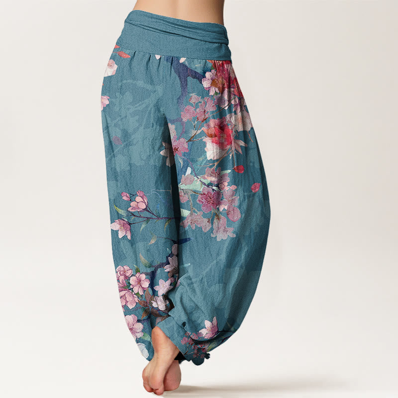 Buddha Stones Cotton Red Pink Blooming Flowers Lush Branches Women's Elastic Waist Harem Pants - image 9