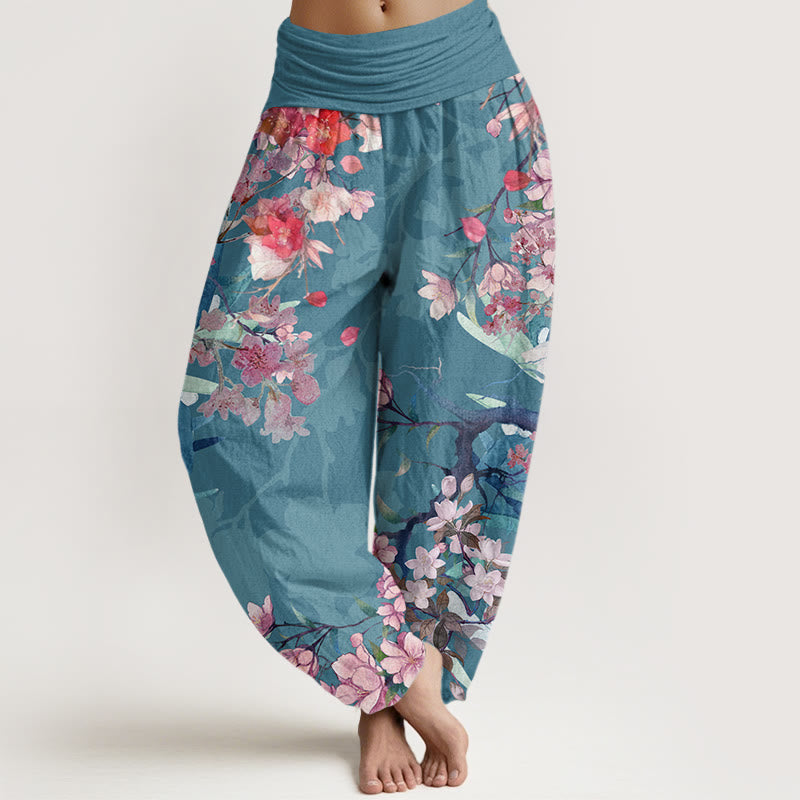 Buddha Stones Cotton Red Pink Blooming Flowers Lush Branches Women's Elastic Waist Harem Pants - DarkCyan - US22,UK/AU26,EU54 (6XL) - image 7