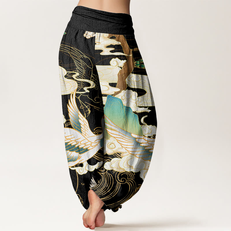 Buddha Stones Flying Cranes Auspicious Clouds Tree women's Elastic Waist Harem Pants - image 3