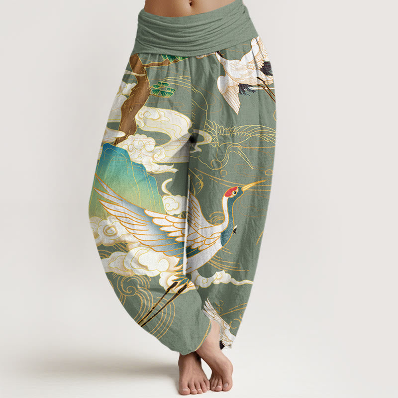 Buddha Stones Flying Cranes Auspicious Clouds Tree women's Elastic Waist Harem Pants - DarkSeaGreen - US22,UK/AU26,EU54 (6XL) - image 5