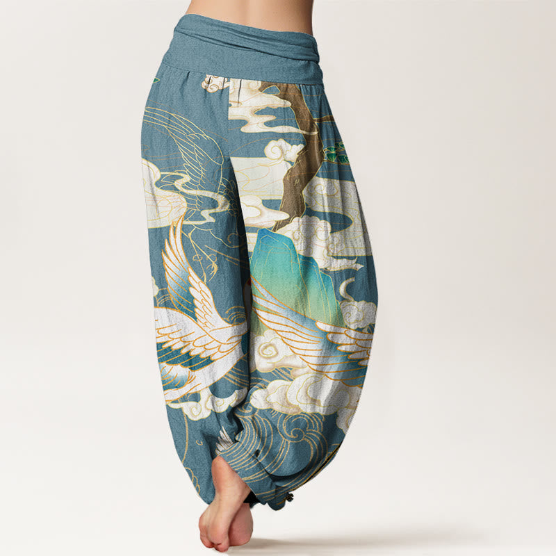 Buddha Stones Flying Cranes Auspicious Clouds Tree women's Elastic Waist Harem Pants - image 10
