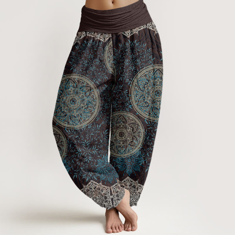 Buddha Stones Cotton Mandala Pattern Leaves Women's Elastic Waist Harem Pants - Brown - US22,UK/AU26,EU54 (6XL) - image 0