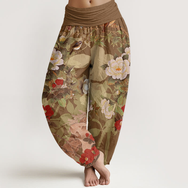 Buddha Stones Casual Peony Flowers Leaves Magpie Women's Elastic Waist Harem Pants - DarkGoldenrod - US22,UK/AU26,EU54 (6XL) - image 5