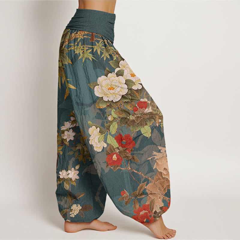 Buddha Stones Casual Peony Flowers Leaves Magpie Women's Elastic Waist Harem Pants - image 2
