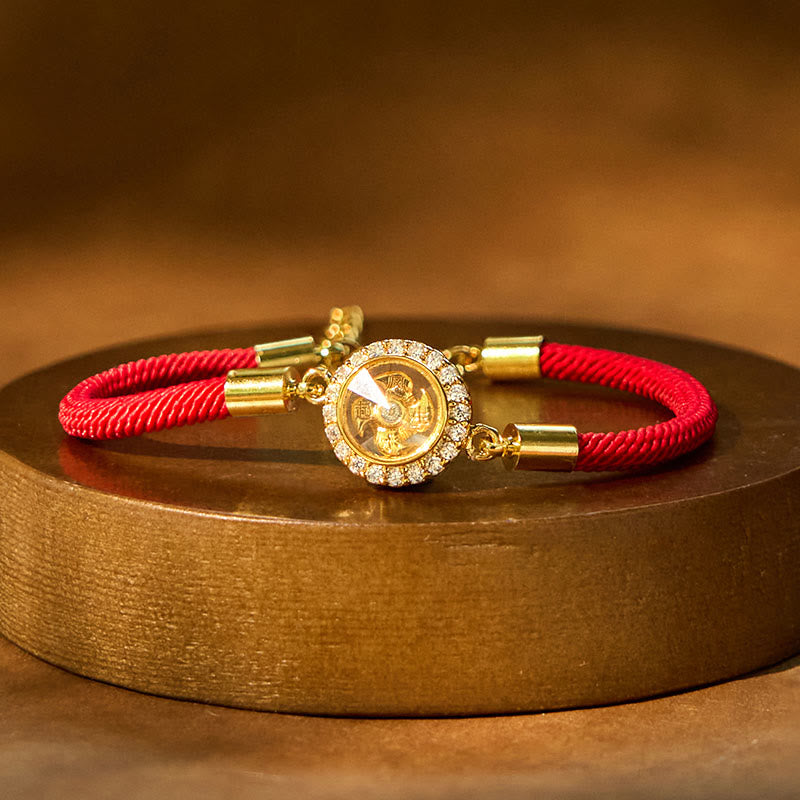 Bracelet tressé de protection Feng Shui à moulinet rotatif en fil rouge, cuivre et laiton Foviel