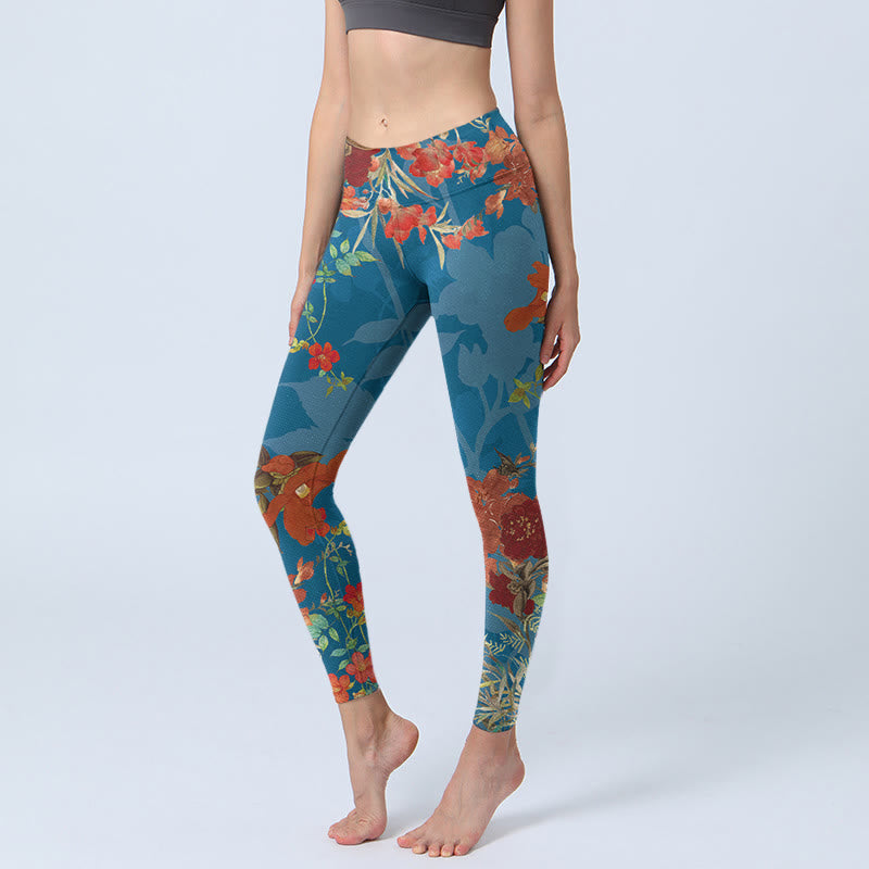 Buddha Stones Blue Red Flowers Birds Print Gym Leggings Women's Yoga Pants - SteelBlue - US18,UK/AU22,EU50 (4XL) - image 0