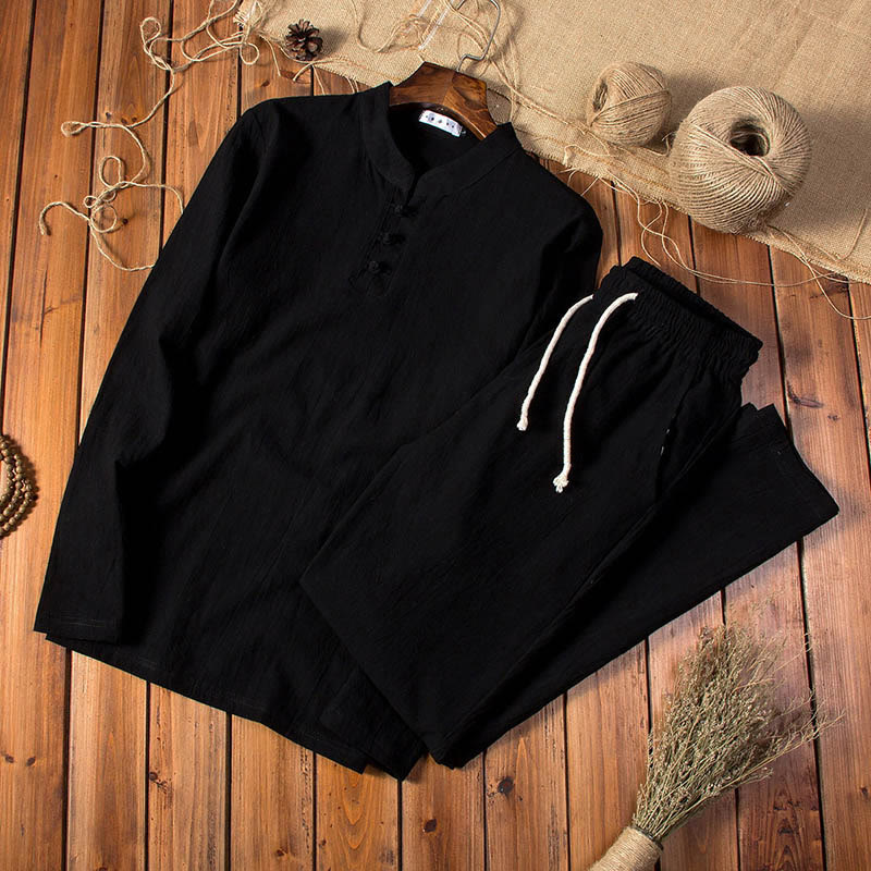 Buddha Stones Pure Color Long Sleeve Top Pants Clothing Men's Set - Black - US/UK/AU44,EU54 (5XL) - image 9