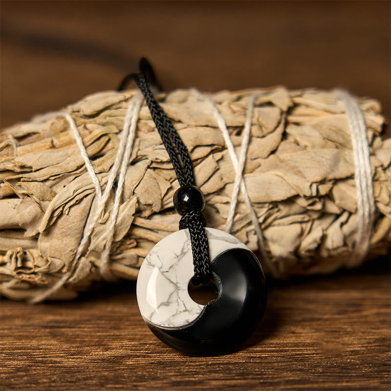 Foviel Natural Black Obsidian White Turquoise Yin Yang Peace Buckle Design Braided String Strength Necklace Pendant