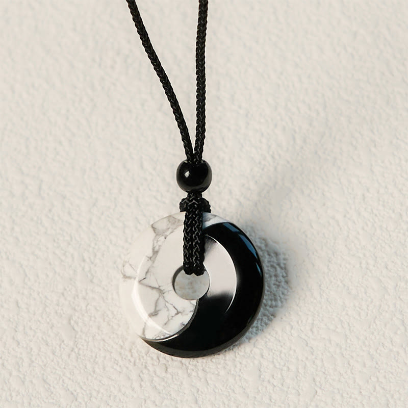 Foviel Natural Black Obsidian White Turquoise Yin Yang Peace Buckle Design Braided String Strength Necklace Pendant