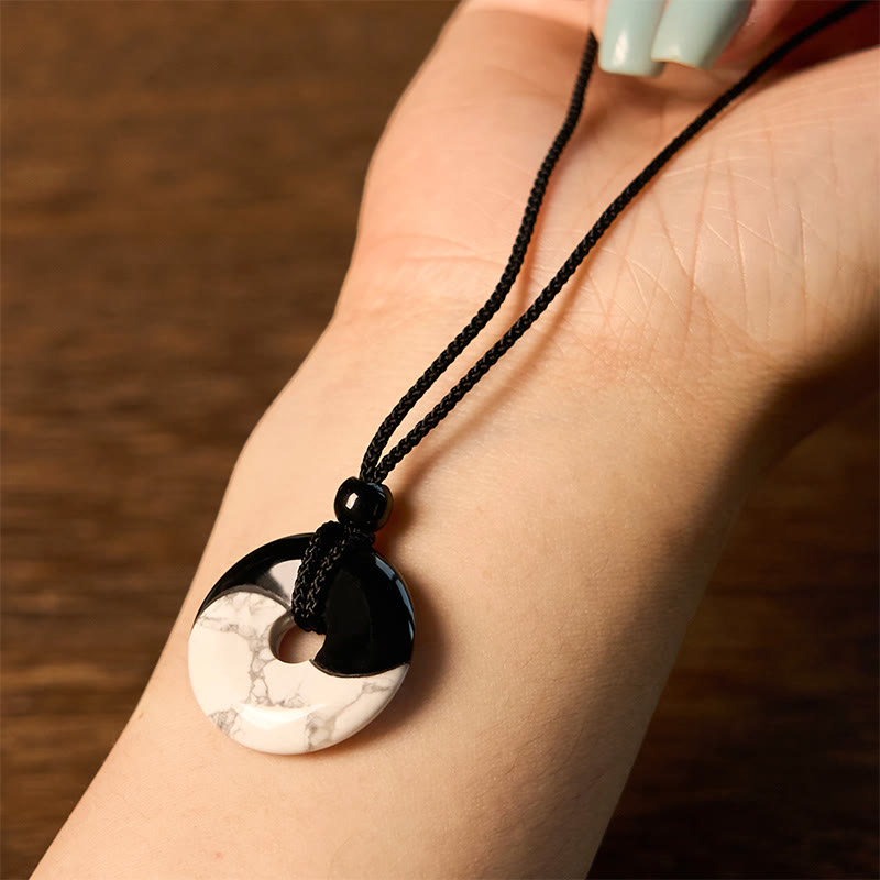 Foviel Natural Black Obsidian White Turquoise Yin Yang Peace Buckle Design Braided String Strength Necklace Pendant
