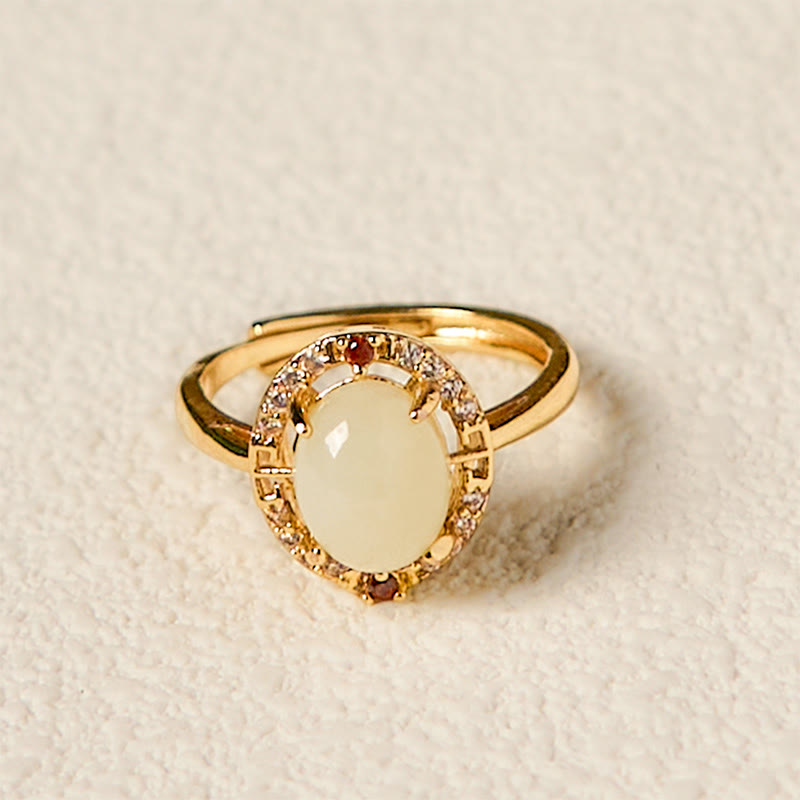 Foviel Natural Hetian Jade Zirconia Egg Copper Open Luck Ring