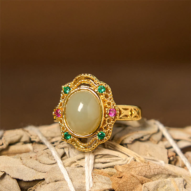 Foviel Natürliche hetianische Jade Ei Hohlmuster Kupfer offenen Glück Ring