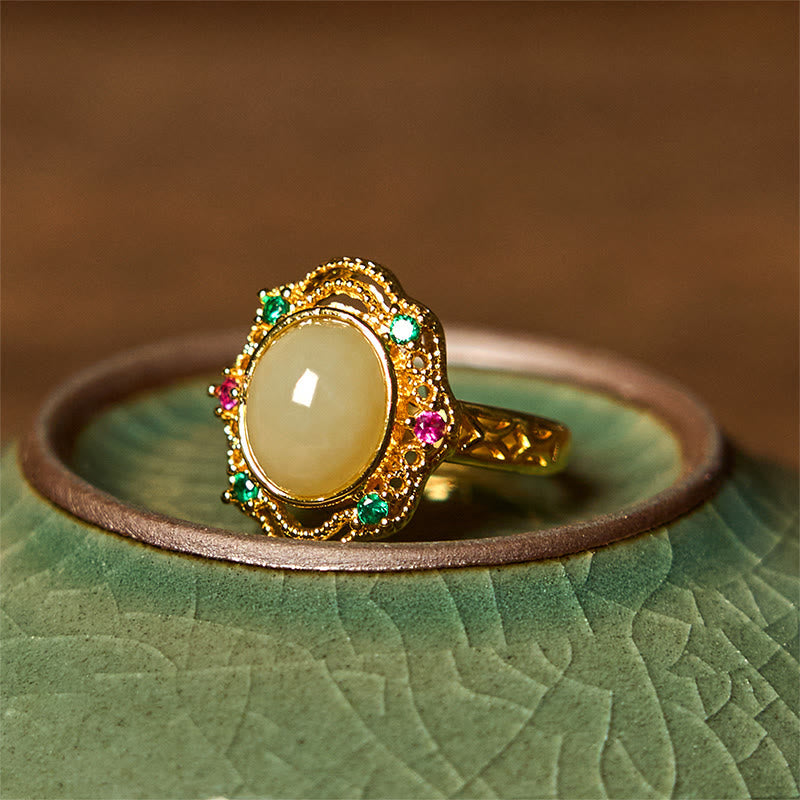 Foviel Natürliche hetianische Jade Ei Hohlmuster Kupfer offenen Glück Ring