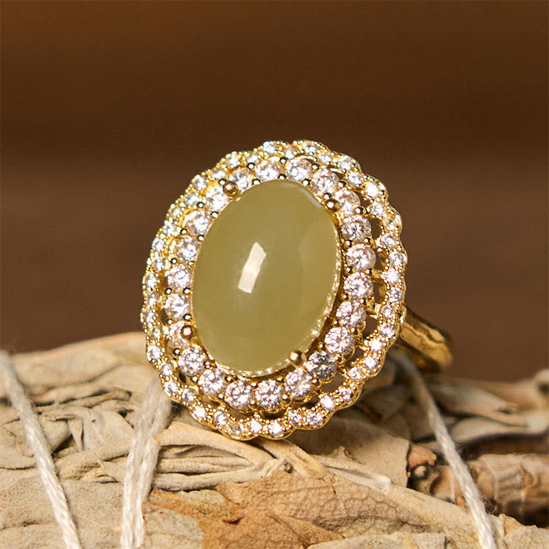 Foviel Natural Hetian Jade Egg Hollow Double Circle Zirconia Copper Open Abundance Ring