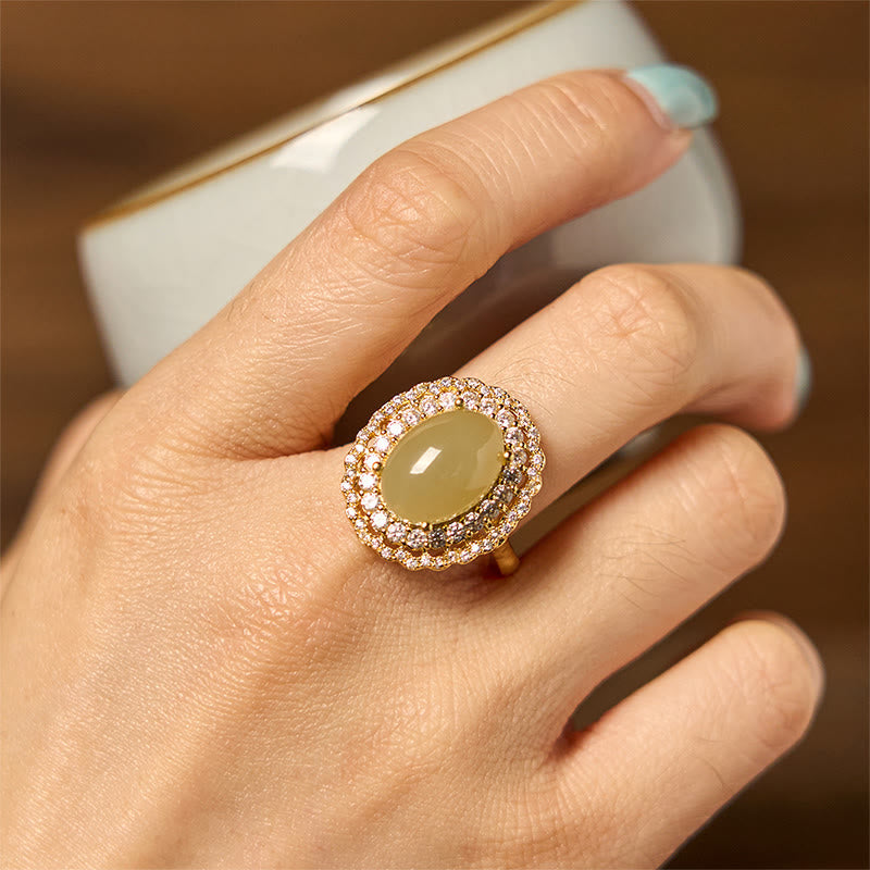 Foviel Natural Hetian Jade Egg Hollow Double Circle Zirconia Copper Open Abundance Ring