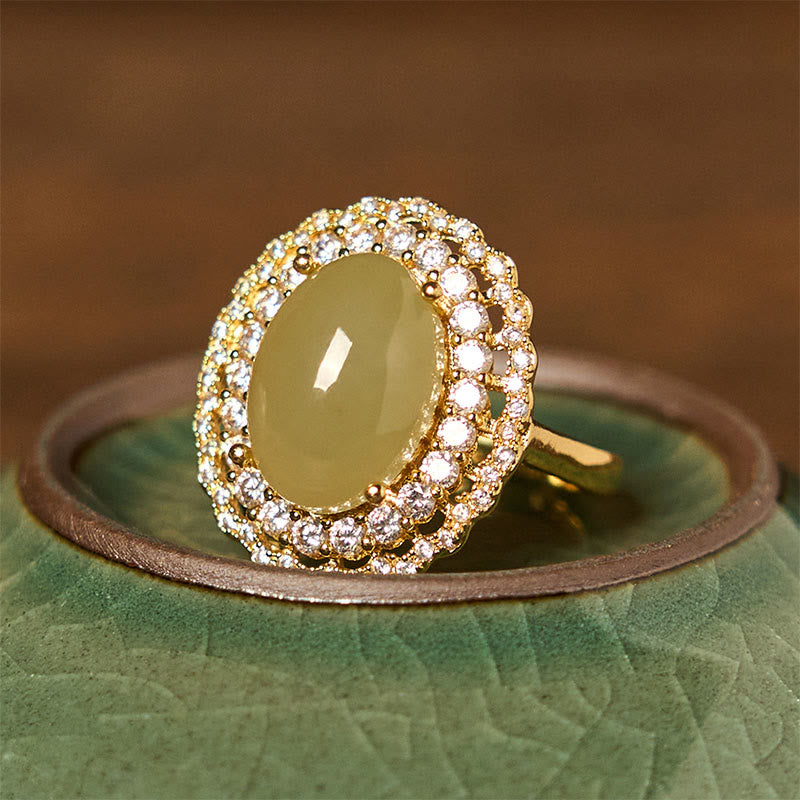 Foviel Natural Hetian Jade Egg Hollow Double Circle Zirconia Copper Open Abundance Ring