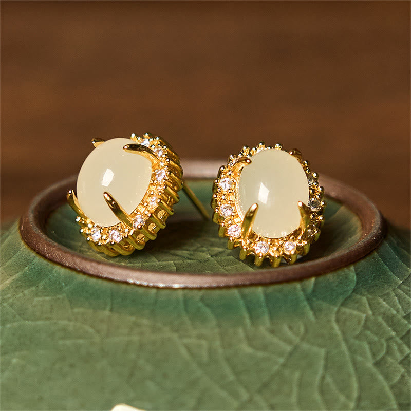 Foviel Natural Hetian Jade Egg Copper Prosperity Earrings