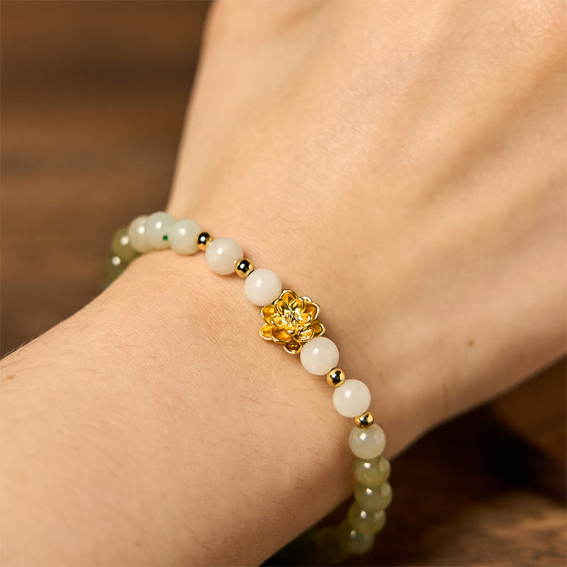 Foviel Natural Hetian Jade Gradient Lotus Abundance Bracelet