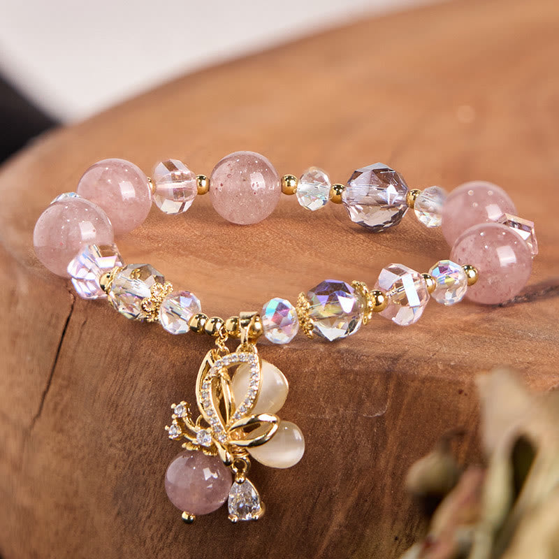 Foviel Natural Strawberry Quartz Butterfly Healing Bracelet