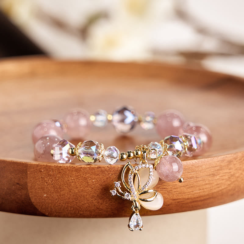 Foviel Natural Strawberry Quartz Butterfly Healing Bracelet