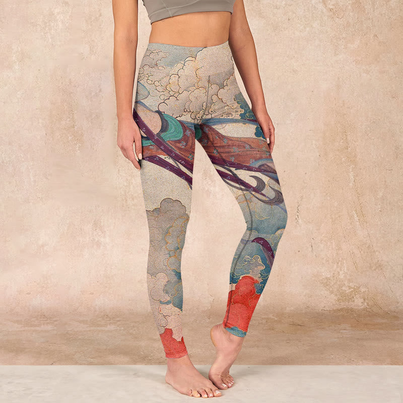 Buddha Stones Dunhuang Flying Apsaras Auspicious Clouds Print Fitness Leggings Women's Yoga Pants - Tan - US18,UK/AU22,EU50 (4XL) - image 1