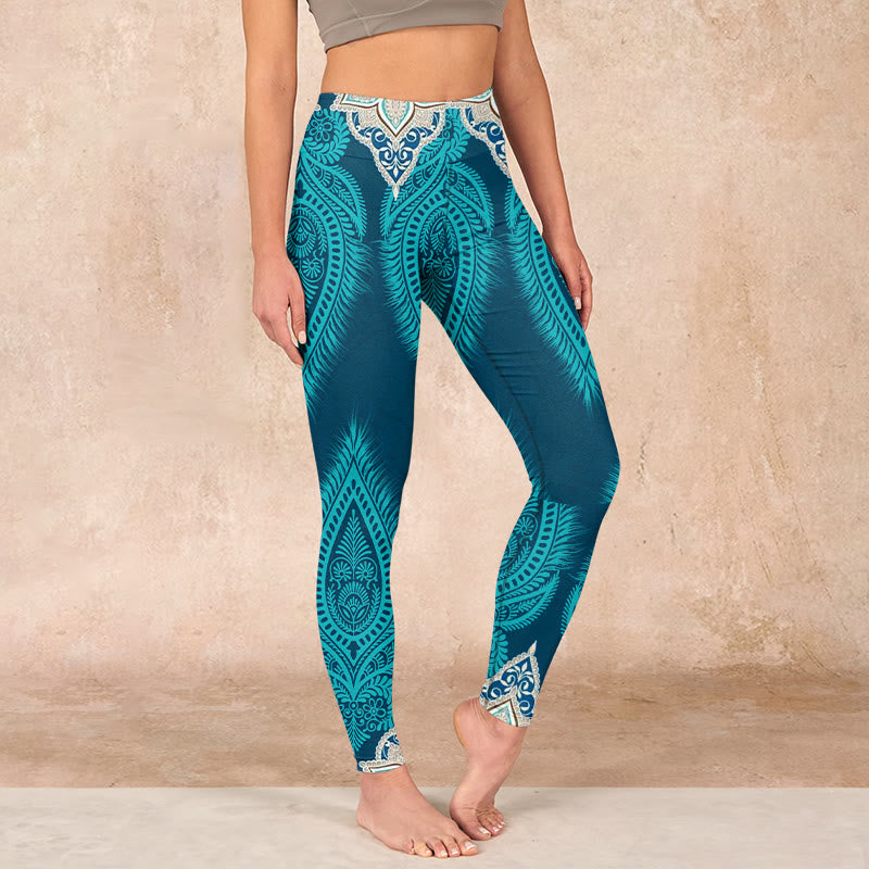 Buddha Stones Green Feather Flower Print Gym Fitness Leggings Women's Yoga Pants - CadetBlue - US18,UK/AU22,EU50 (4XL) - image 1