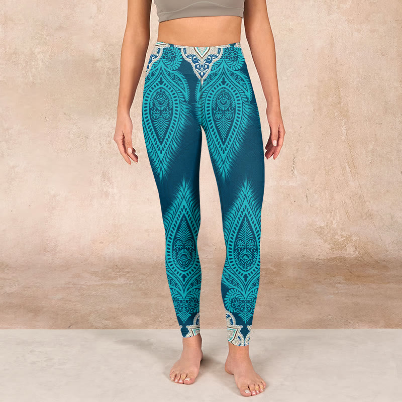 Buddha Stones Green Feather Flower Print Gym Fitness Leggings Women's Yoga Pants - image 2