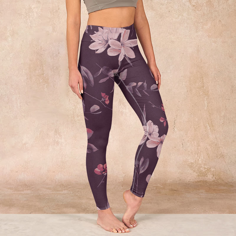 Buddha Stones Purple White Flowers Leaves Blossom Print Gym Fitness Leggings Women's Yoga Pants - Thistle - US18,UK/AU22,EU50 (4XL) - image 1