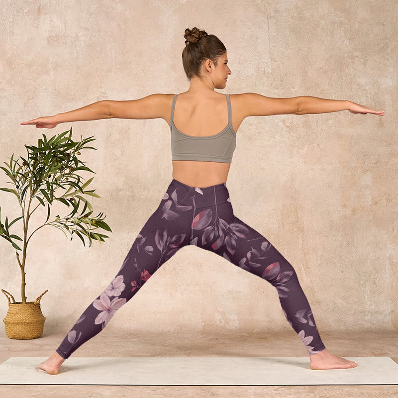 Buddha Stones Purple White Flowers Leaves Blossom Print Gym Fitness Leggings Women's Yoga Pants - image 11