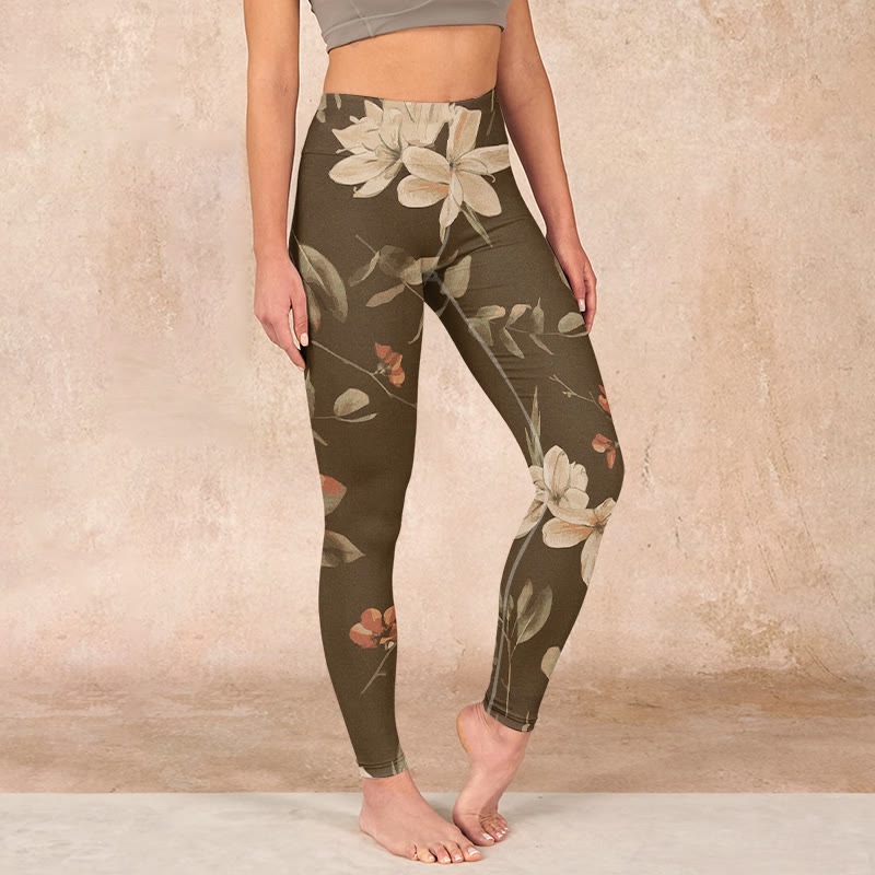 Buddha Stones Purple White Flowers Leaves Blossom Print Gym Fitness Leggings Women's Yoga Pants - DarkKhaki - US18,UK/AU22,EU50 (4XL) - image 18