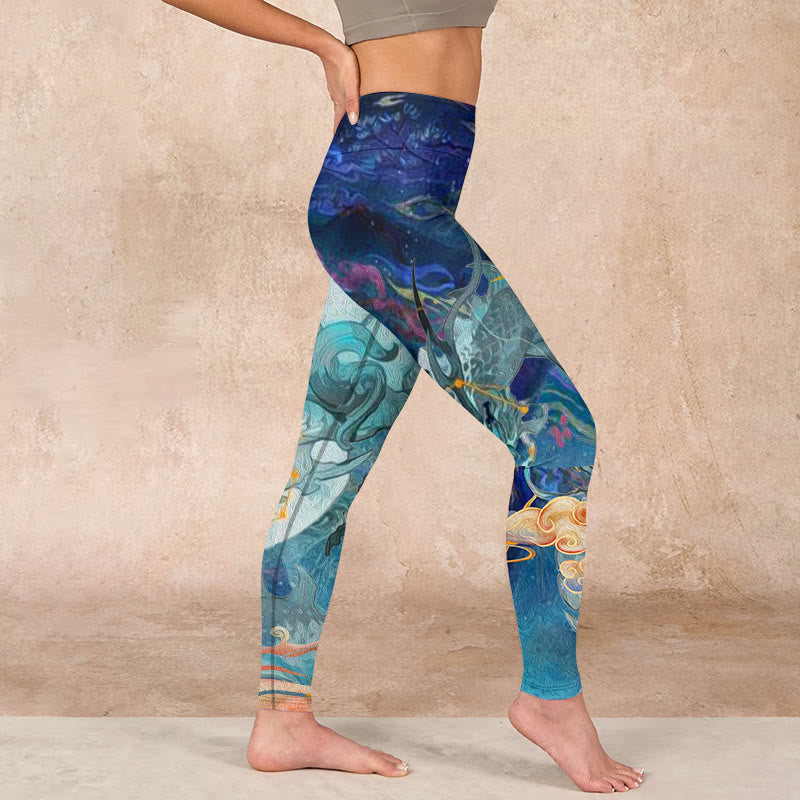 Buddha Stones Blue Dragon Auspicious Clouds Print Gym Leggings Women's Yoga Pants - image 17