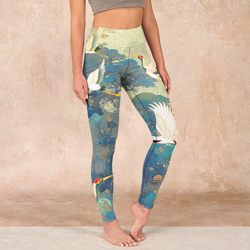 Buddha Stones Blue Red-crowned Crane Pine Tree Print Gym Leggings Women's Yoga Pants - LightBlue - US18,UK/AU22,EU50 (4XL) - image 1