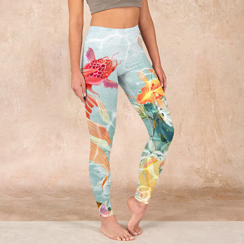 Buddha Stones Green Koi Fish White Lotus Water Ripples Print Gym Leggings Women's Yoga Pants - Honeydew - US18,UK/AU22,EU50 (4XL) - image 1