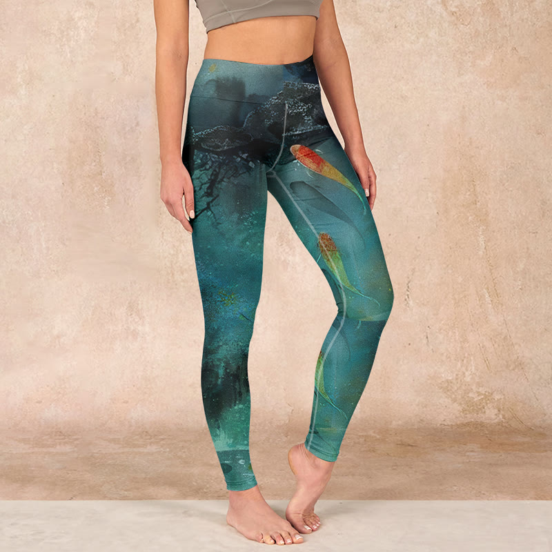Buddha Stones Pond Koi Fish Rocks Print Sports Leggings Women's Yoga Pants - DarkSeaGreen - US18,UK/AU22,EU50 (4XL) - image 1