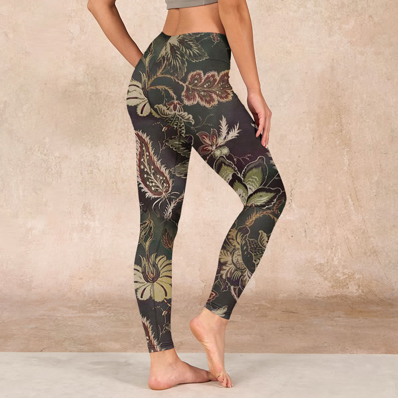 Buddha Stones Olive Florals Print Sports Fitness Leggings Women's Yoga Pants - image 3