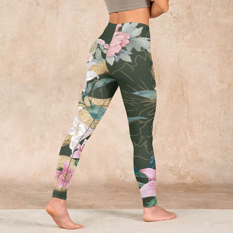 Buddha Stones Green Golden Snake Lily Peony Flowers Print Gym Leggings Women's Yoga Pants - image 5