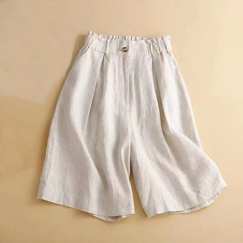Buddha Stones Plain Color Pleated Zipper Button Cotton Linen Women's Shorts With Pockets - Beige - US12,UK/AU16,EU44 (3XL) - image 9
