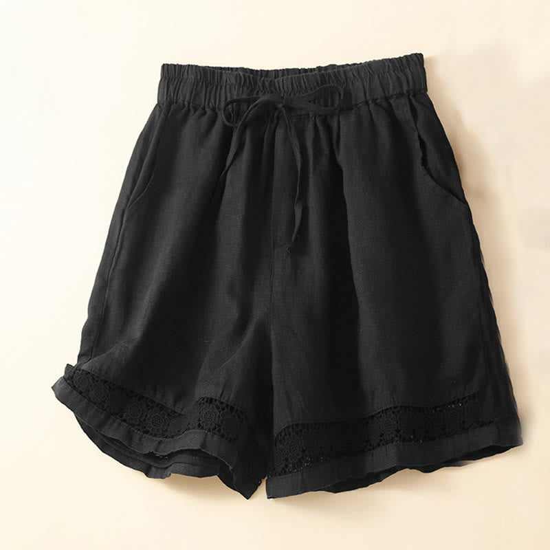 Buddha Stones Plain Color Bottom Hollow Lace Design Lace-up Cotton Women's Shorts With Pockets - Black - US12,UK/AU16,EU44 (3XL) - image 28
