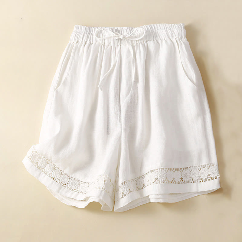 Buddha Stones Plain Color Bottom Hollow Lace Design Lace-up Cotton Women's Shorts With Pockets - White - US12,UK/AU16,EU44 (3XL) - image 22